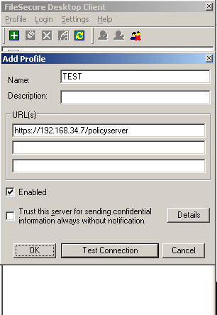 Создание профиля подключения к серверу GTB IRM в Seclore Filesecure Desktop