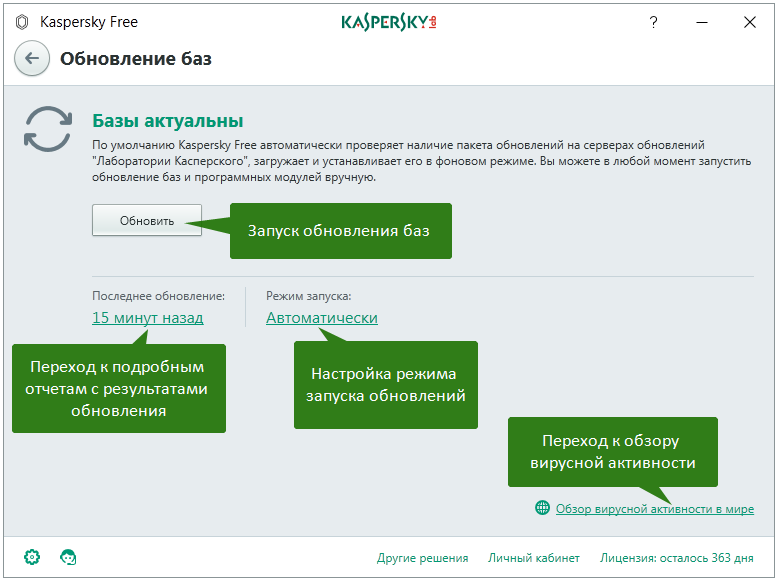 Интерфейс компонента «Обновление баз» Kaspersky Free