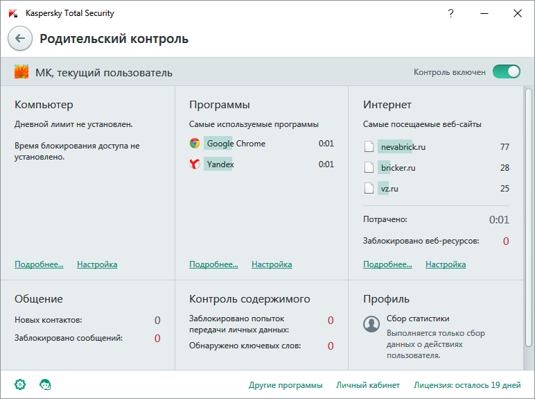 Контроль работы пользователей в Kaspersky Total Security для всех устройств