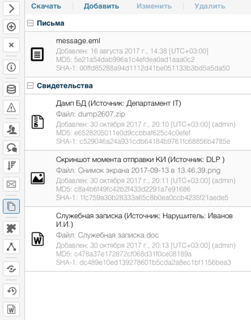 Список свидетельств по инциденту