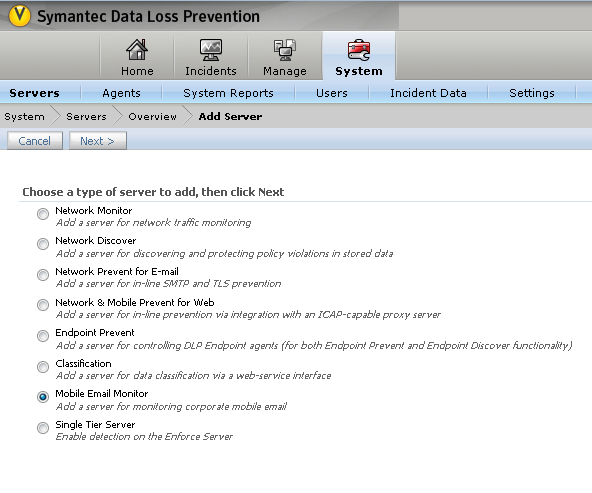 Подключение сервера Mobile Email Monitor к Enforce-серверу с помощью консоли управления Symantec DLP 12.5