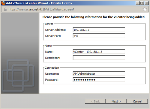 Указание информации о сервере VMware vCenter и параметров доступа к нему в мастере добавления в защищаемые объекты