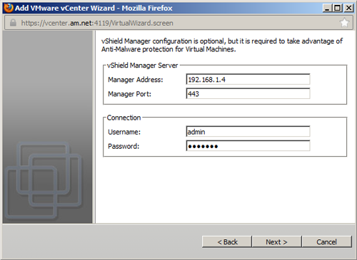 Указание параметров доступа к VMware vShield Manager при добавлении сервера VMware vCenter к защищаемым объектам