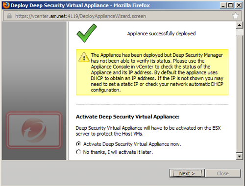 Завершение развёртывания Trend Micro Deep Security Virtual Appliance 8.0