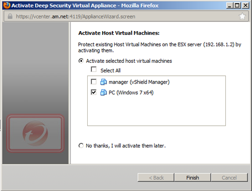 Активация защиты виртуальных машин после установки Trend Micro Deep Security Virtual Appliance 8.0