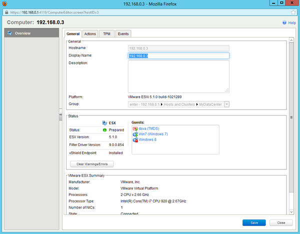 Свойства ESXi-хоста с установленным Deep Security Virtual Appliance