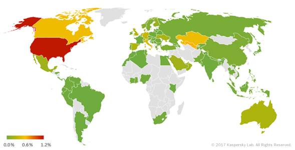 География мобильных троянцев-вымогателей в первом квартале 2017 года (процент атакованных пользователей)