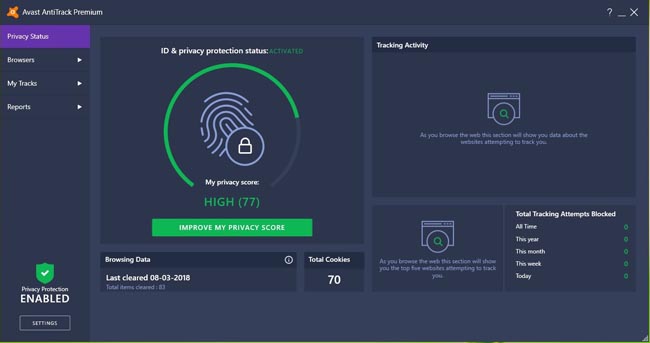 Главное окно Avast AntiTrack Premium