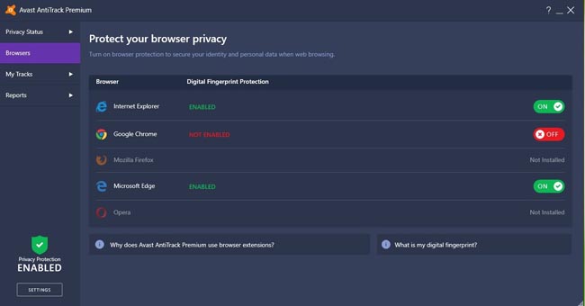 Управление защитой конфиденциальности браузеров в Avast AntiTrack Premium