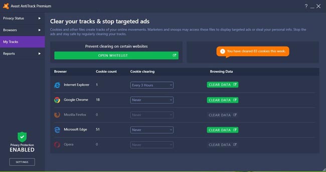 Настройка расписания очистки cookie в Avast AntiTrack Premium