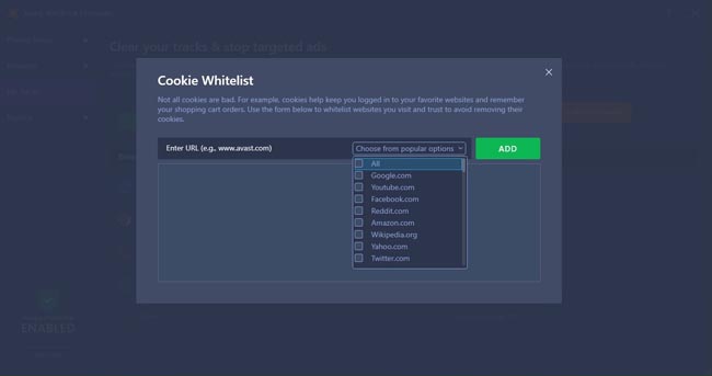 Настройка белого списка веб-сайтов в Avast AntiTrack Premium