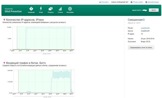 Подробная информация о тестовой атаке на портале Kaspersky DDoS Prevention