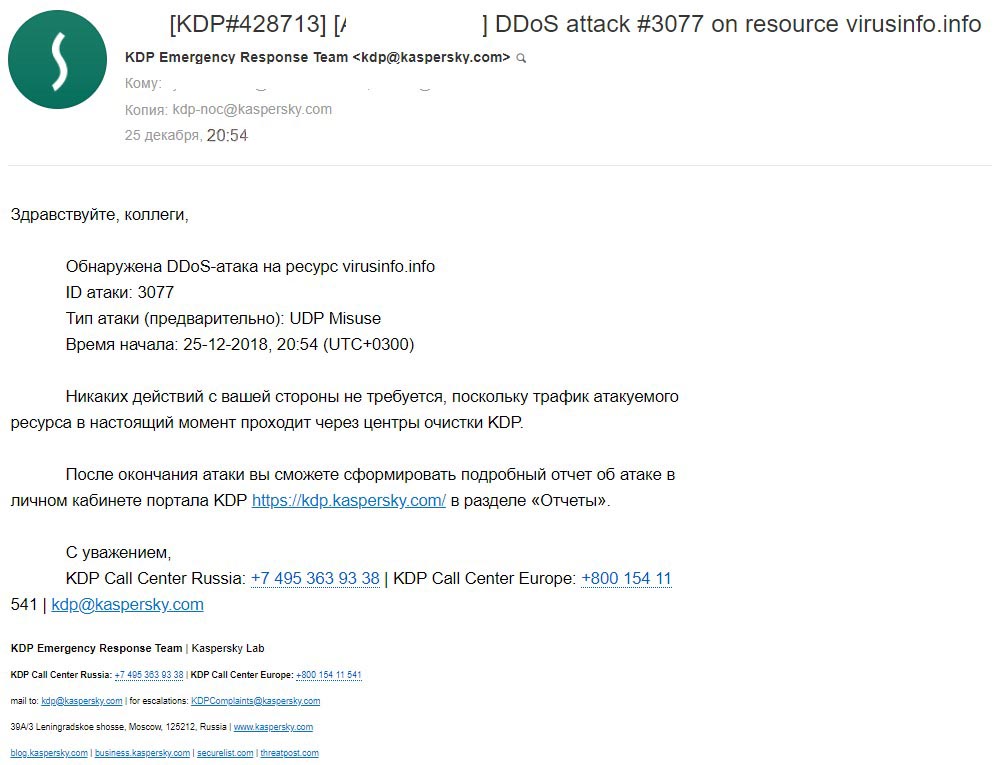 Письмо о детекции и митигации атаки от Kaspersky DDoS Prevention