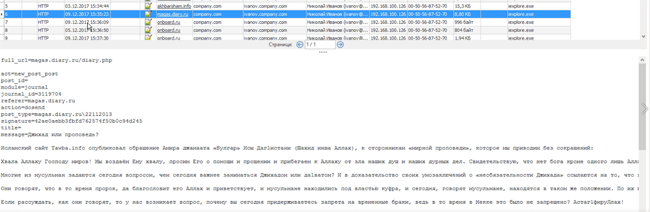 Пример перехвата в «КИБ СёрчИнформ»: сработала политика безопасности для выявления радикально настроенных сотрудников