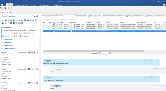 Пример перехвата данных из WhatsApp с помощью «КИБ СёрчИнформ»