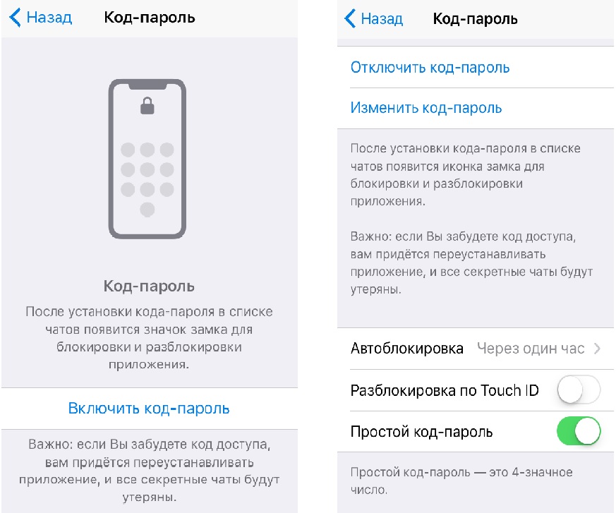 Код-пароль и TouchIDдля доступа к приложению в Telegram
