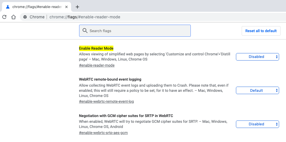 Google Chrome 75 версии. Chrome Reader Mode. Read enable