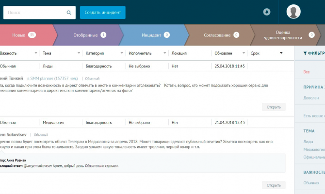 Работа с инцидентами в сервисе «Медиалогия»