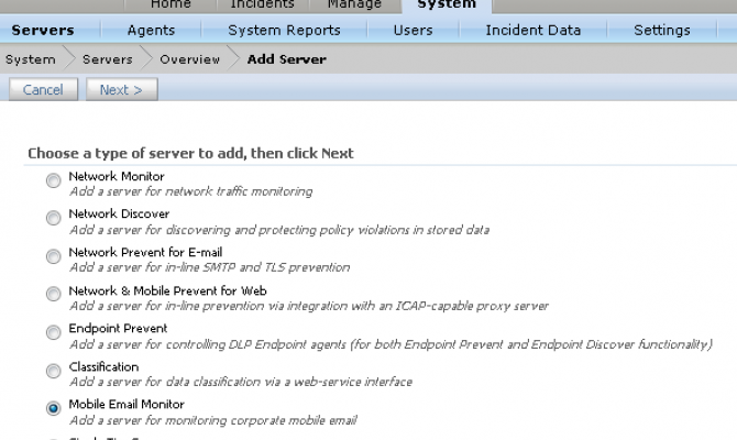 Подключение сервера Mobile Email Monitor к Enforce-серверу с помощью консоли управления Symantec DLP 12.5