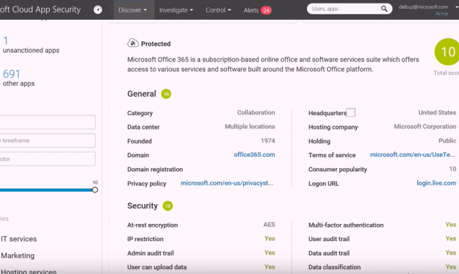 Интерфейс Microsoft Cloud Security