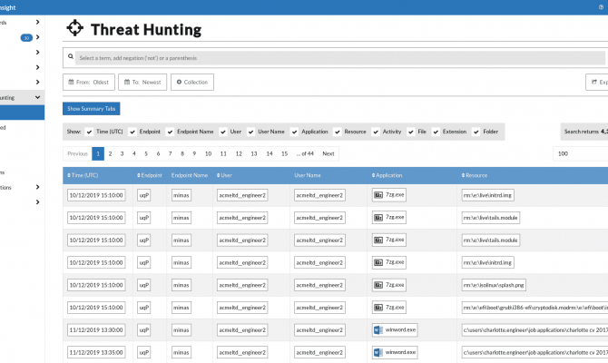 Страница Threat Hunting в графическом интерфейсе FortiInsight