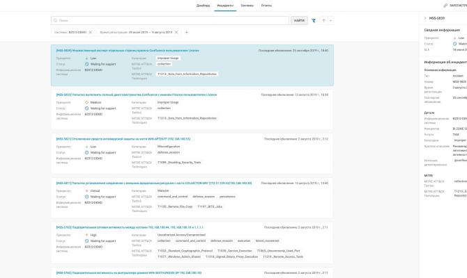 Список инцидентов выявленных BI.ZONE SOC 