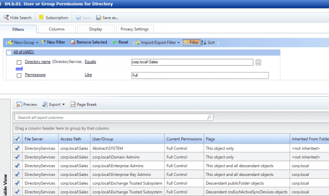 Отчёты модуля Varonis DatAdvantage для анализа прав доступа в Active Directory