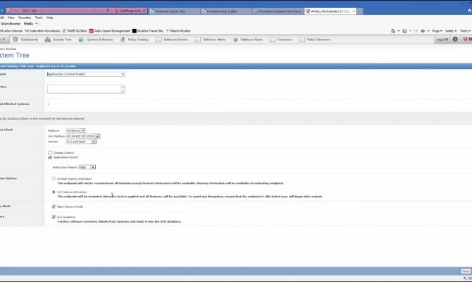 Редактирование задач в клиентском каталоге McAfee Application Control