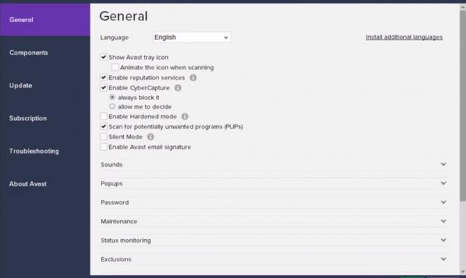 Вкладка общих настроек Avast Business Antivirus Pro