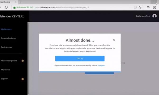 Панель приветствия Bitdefender Security for Endpoint 