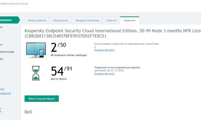 Сводная информация по лицензиям в Kaspersky Endpoint Security Cloud