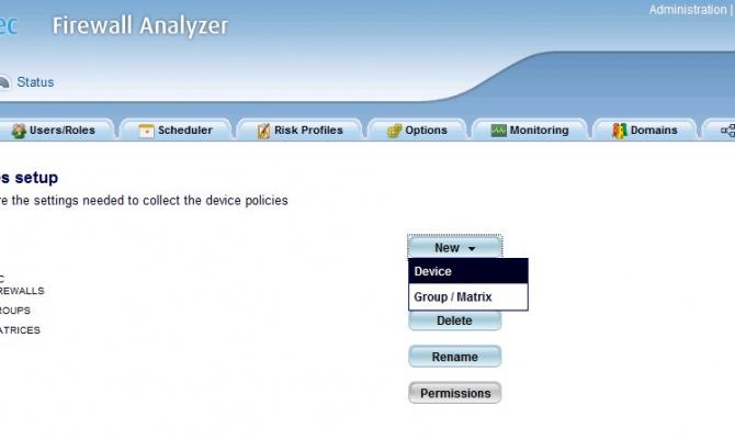 Пустой список устройств и меню добавления в AlgoSec Firewall Analyzer