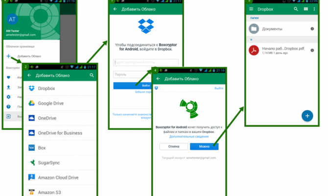 Первый запуск Boxcryptor на Android и определение облачного хранилища