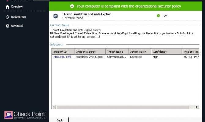 Обзор сведений об инциденте в локальной консоли Check Point SandBlast Agent