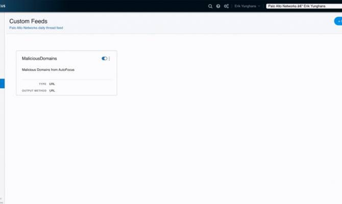 Palo Alto Networks AutoFocus. Окно "Фиды"