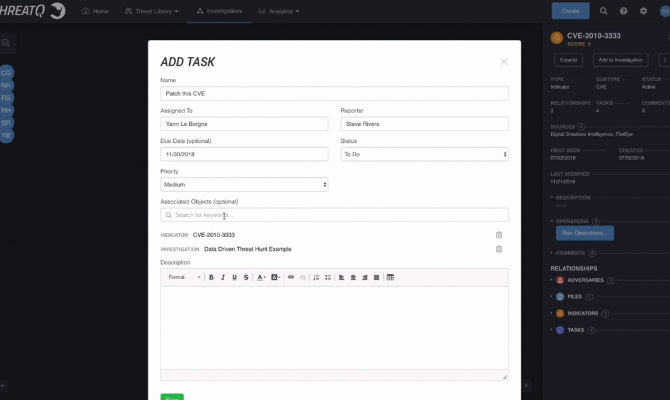 ThreatQuotient Threat Intelligence Platform. Процесс добавления задачи