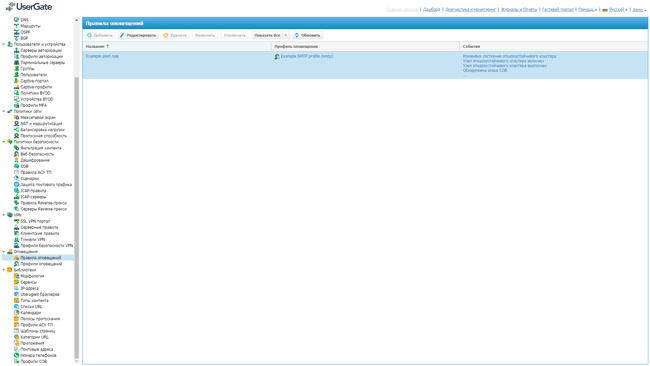 Консоль управления оповещениями UserGate