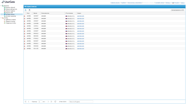 Журнал истории поиска UserGate