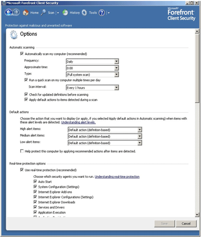 Настроки Microsoft Forefront Client Security