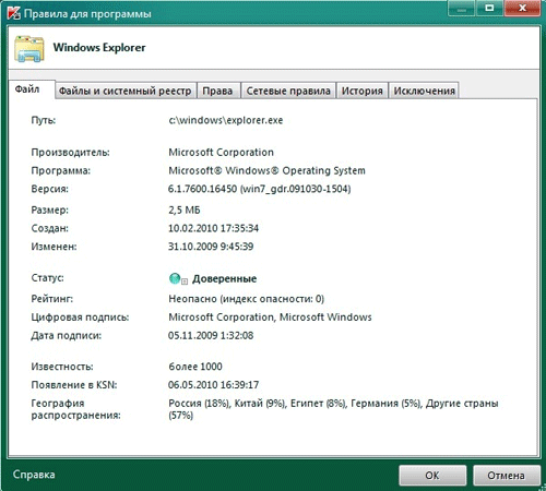 Правила для программы в Kaspersky Internet Security 2011