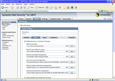 Symantec Mail Security 5.0 for SMTP – Policies – Group Policies – Virus