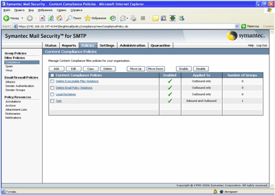 Symantec Mail Security 5.0 for SMTP – Policies – Filter Policies – Compliance