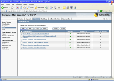 Symantec Mail Security 5.0 for SMTP – Policies – Filter Policies – Spam