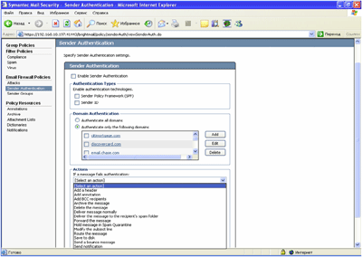 Symantec Mail Security 5.0 for SMTP – Policies – Email Firewall Policies – Sender Authentication