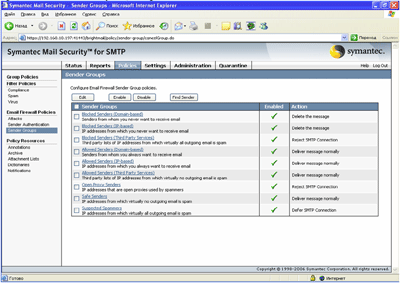 Symantec Mail Security 5.0 for SMTP – Policies – Email Firewall Policies – Sender Groups