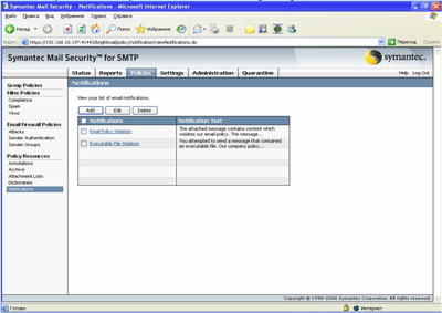 Symantec Mail Security 5.0 for SMTP – Policies – Policy Resources – Notifications