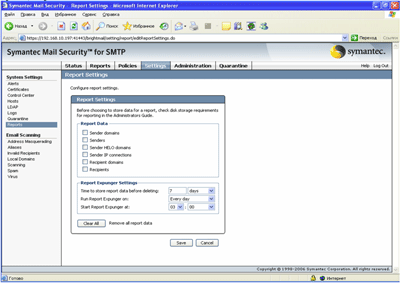 Symantec Mail Security 5.0 for SMTP – Settings – System Settings – Reports
