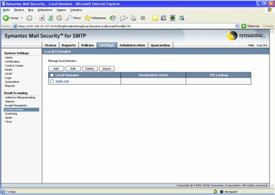 Symantec Mail Security 5.0 for SMTP – Settings – System Settings – Email Scanning – Local Domains
