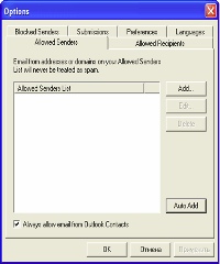 Symantec Mail Security 5.0 for SMTP – Outlook Spam Plug-In – Settings –Allowed Senders