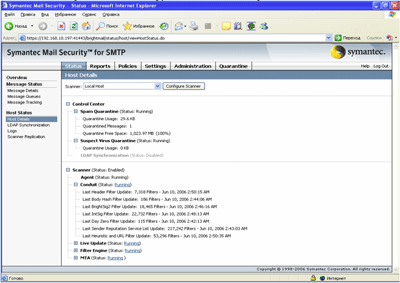 Symantec Mail Security 5.0 for SMTP – Status – Host Status – Host Details